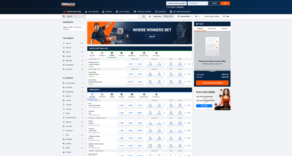 Pinnacle Betting Review - Sportsbook Homepage