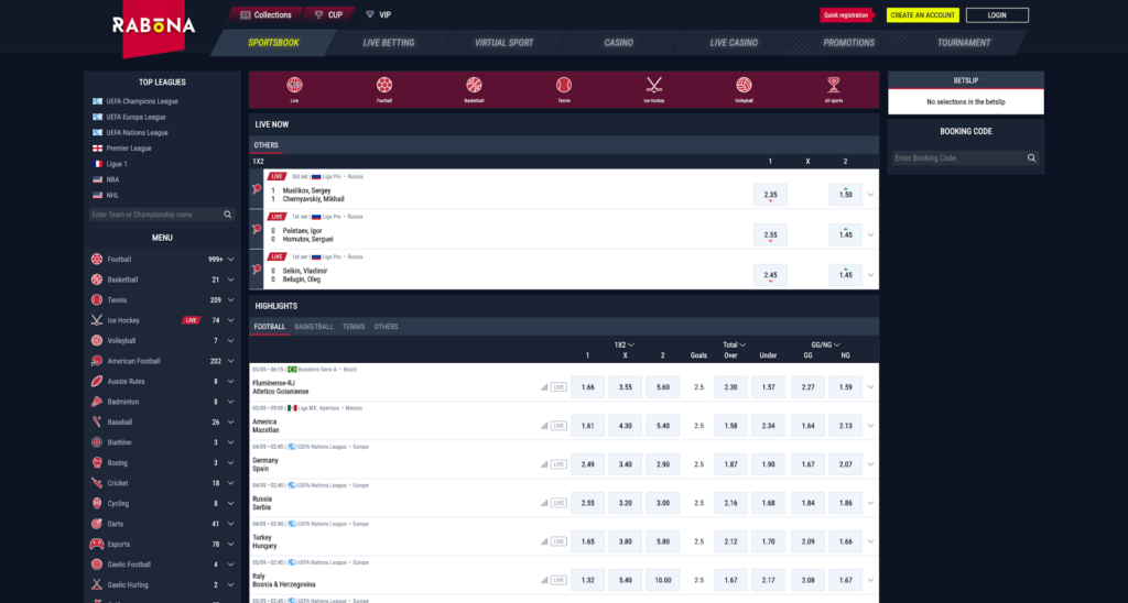 Rabona Betting Review Homepage Screenshot