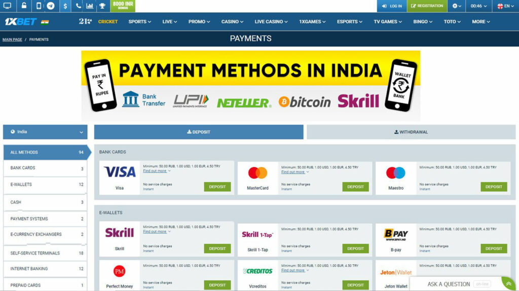 1xBet India - Payment Options 