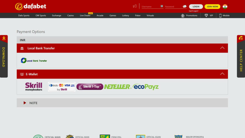 Dafabet Payment Options