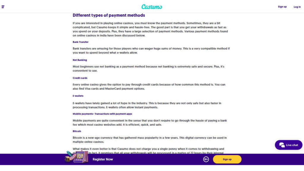 Casumo India Payment Methods