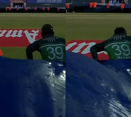 Pitch-Perfect Sportsmanship: Fakhar Zaman Assists Groundstaff in Pitch Covering During Rain-Delayed India vs. Pakistan Clash