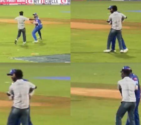 WATCH | Pitch Intruder Startles Rohit Sharma with Hug During Mumbai Indians vs Rajasthan Royals Match